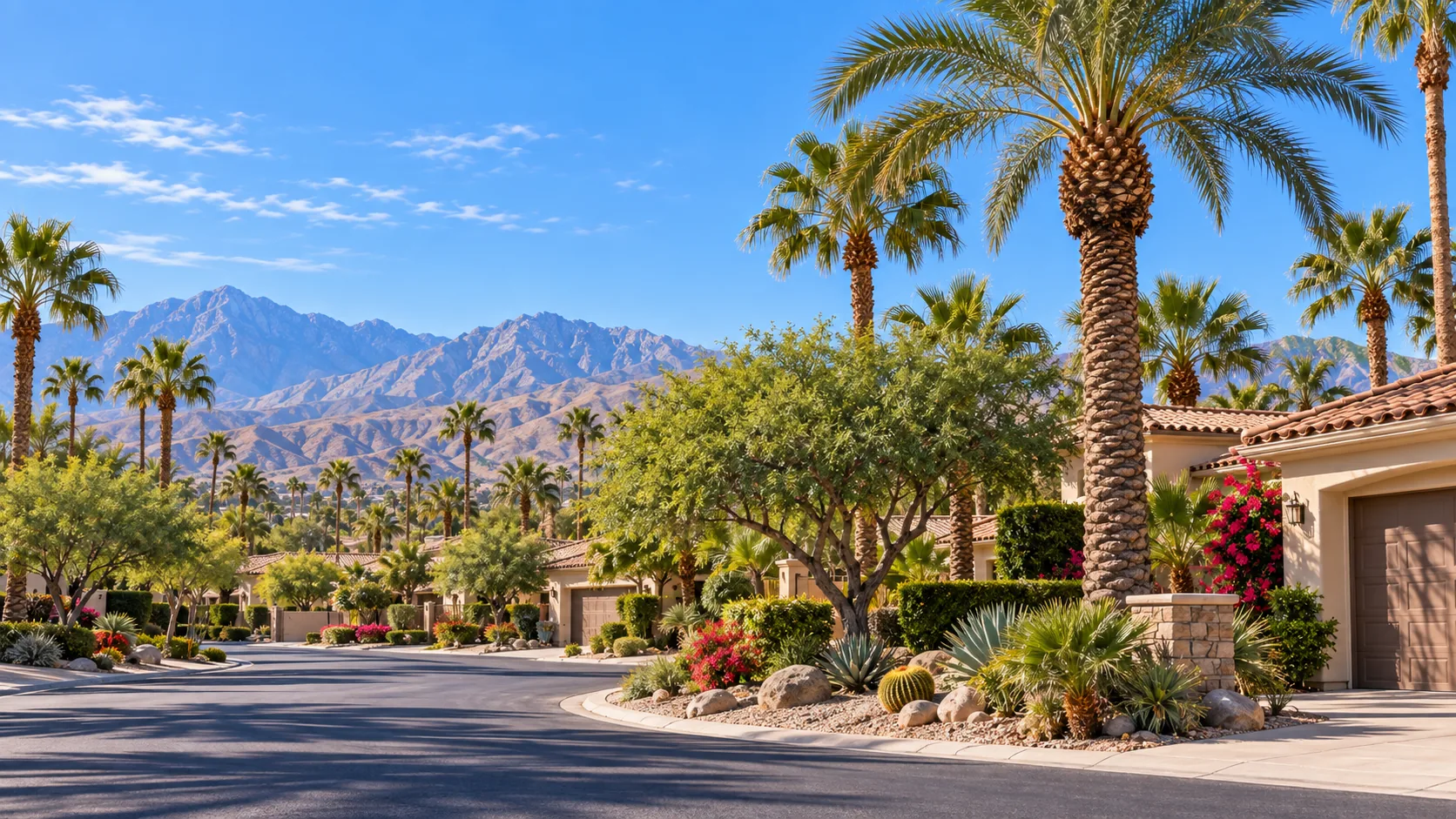 Palm-lined Coachella Valley neighborhood with mountain views